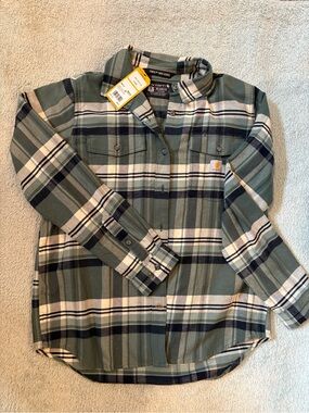 Carhartt Women’s Green and Cream Plaid Button-Down Shirt